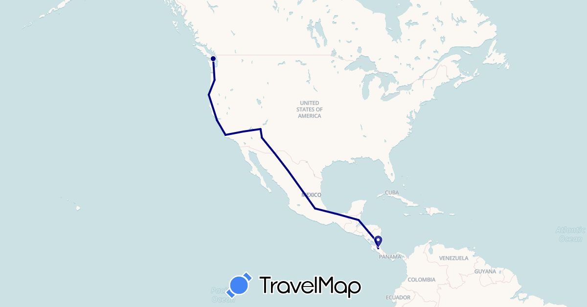 TravelMap itinerary: driving in Belize, Canada, Costa Rica, Mexico, Nicaragua, United States (North America)